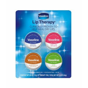 Lip Therapy Tins, 4 pk, Provides long-lasting miniaturization to help heal dry lips Non-sticky, non-greasy formula spreads on smoothly Includes 1 Original, 1 Rosy Lips, 1 Cocoa Butter and 1 Aloe Tin