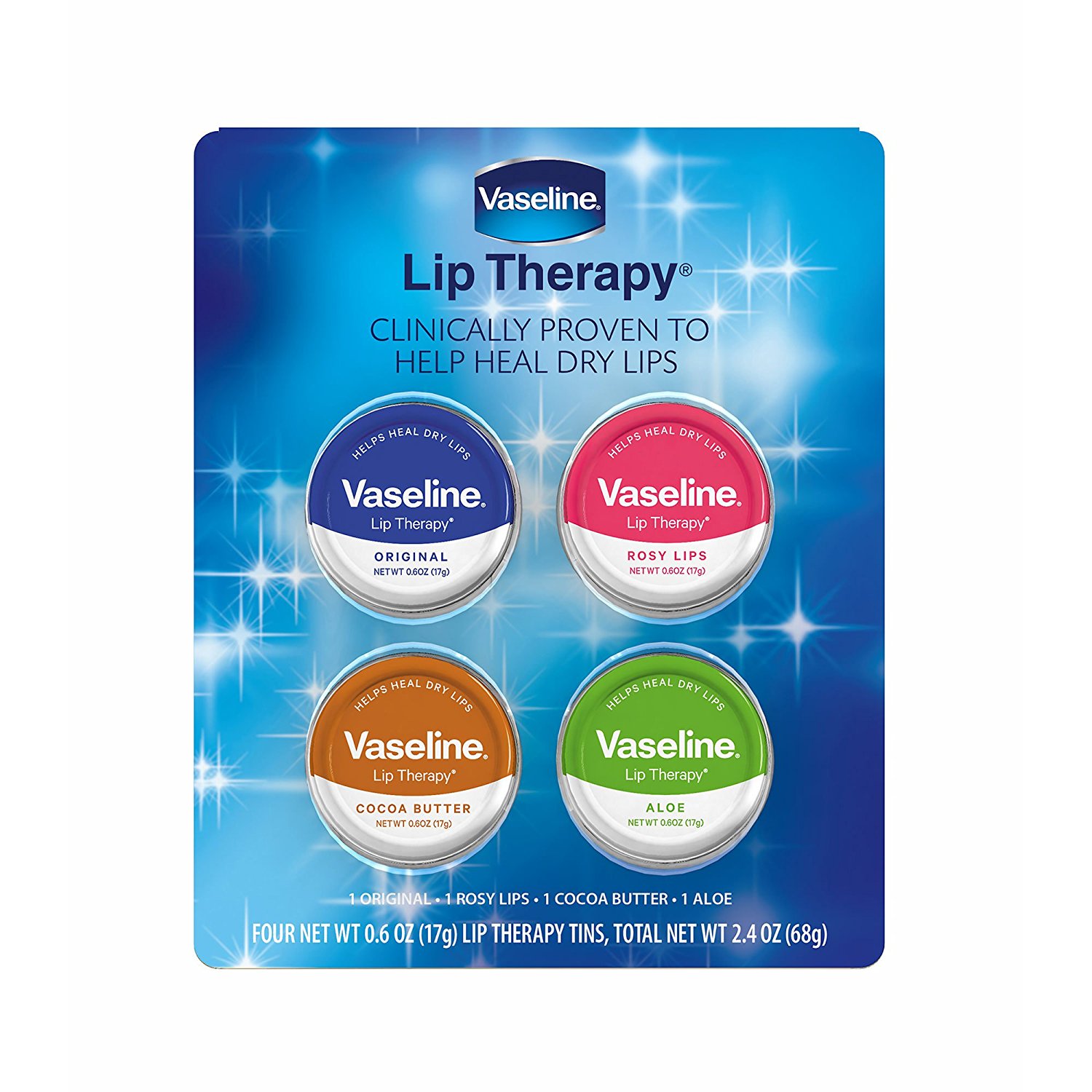 Lip Therapy Tins, 4 pk, Provides long-lasting miniaturization to help heal dry lips Non-sticky, non-greasy formula spreads on smoothly Includes 1 Original, 1 Rosy Lips, 1 Cocoa Butter and 1 Aloe Tin
