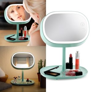 Makeup Mirror Lighted Lamp LED Vanity Travel Portable Cordless Rechargeable Battery Powered Rectangle Natural Light Touch Screen Desk With Under Organizer Storage Tray Adjustable Swivel - Green