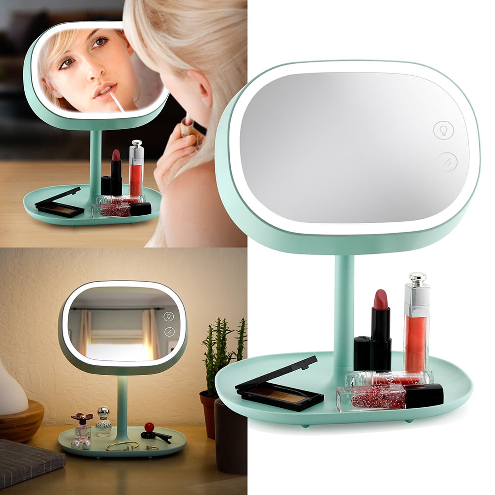 Makeup Mirror Lighted Lamp LED Vanity Travel Portable Cordless Rechargeable Battery Powered Rectangle Natural Light Touch Screen Desk With Under Organizer Storage Tray Adjustable Swivel - Green