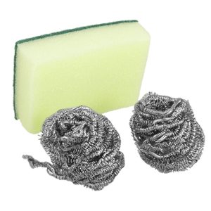 Unique Bargains Bowl Dish Cleaner Tool Scrub Sponge Pad Yellow Green w Metal Ball