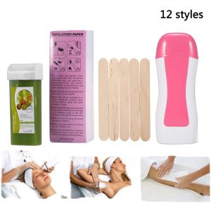 4 in 1 Roll on Refillable Depilatory Hot Wax Heater Waxing Hair Removal Cartridge Kit Warmer Salon Tools Machine+100g Wax+100PCS Depilatory Paper+5PCS Wodden Spatulas
